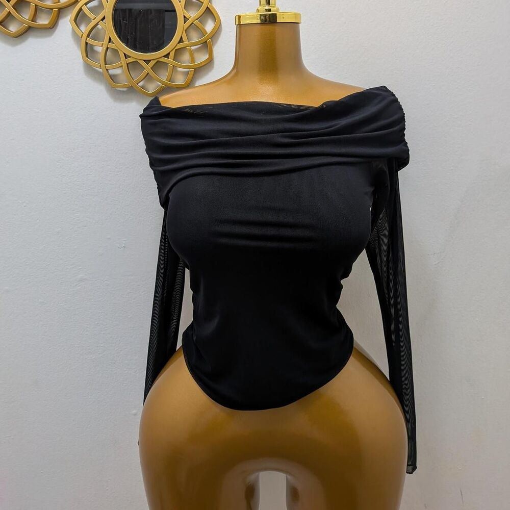 Wild Fable Black Off the Shoulder Mesh Long Sleeve Top Ruched Bodice S